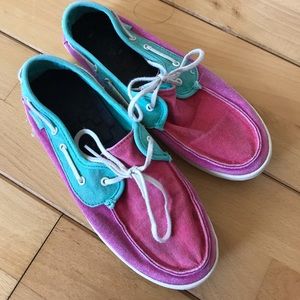 VANS OF THE WALL PINK AND GREEN SLIP ONS